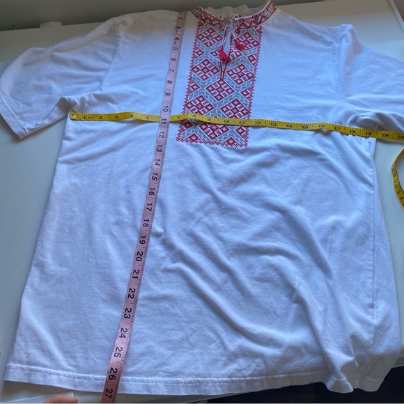 Ukrainian Embroidered Folk Tunic White Red Unisex 100% Cotton Size L - Picture 10 of 11